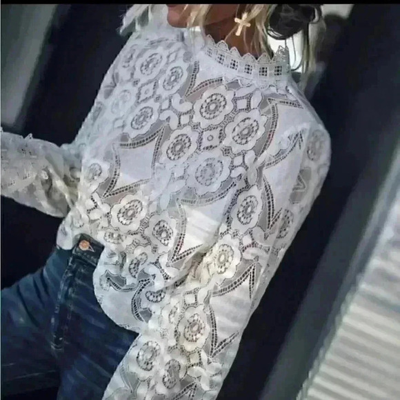 Restocking White Lace High Neck Long Sleeve Shirt - Picture 2 of 11